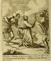 An illustration from Societas Jesu usque ad sanguinis et vitae profusionem militans, in Europa, Africa, Asia, et America, contra gentiles, Mahometanos, Judaeos, Haereticos, impios, pro Deo, fide, ecclesia, pietate. : Sive Vita, et mors eorum, qui ex Societate Jesu in causa fidei, & virtutis propugnatae, violentâ morte toto orbe sublati sunt. (1675)