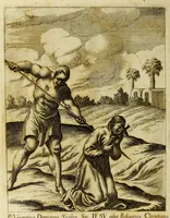 An illustration from Societas Jesu usque ad sanguinis et vitae profusionem militans, in Europa, Africa, Asia, et America, contra gentiles, Mahometanos, Judaeos, Haereticos, impios, pro Deo, fide, ecclesia, pietate. : Sive Vita, et mors eorum, qui ex Societate Jesu in causa fidei, & virtutis propugnatae, violentâ morte toto orbe sublati sunt. (1675)