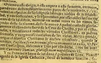 An illustration from Solemnidad festiua, aplausos publicos, aclamaciones ostentosas, que hizo esta nobilissima Ciudad de los Reyes Lima, a la publicacion del breue de la beatificacion del bien auenturado S. Francisco Solano : del Orden Seraphico de la regular obseruancia desta santa Prouincia de los Doze Apostoles del Peru. Dedicada al mismo santo. En cuya dedicatoria se recopilan las mas heoricas obras de su vida, y los mas singulares milagros, que por su intercession, y meritos obrò la diuina omnipotencia, mientras buelue a las prensas su vida. Escrita por el P. lector iubilado Fr. Gregorio Casasola limense, hijo de la misma prouincia. ; Dala a la estampa el padre procurador general de su beatificacion, y canonizacion en estas prouincias del Peru, para que remitida a todas las ciudades, y villas, que le tienen elegido, y votado por su patron, se haga notoria la celebracion de su beatificacion deseada. (1679)