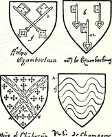 An illustration from Some feudal coats of arms and others, illustrated with 2,000 zinco etchings from the Bayear tapestry, Greek vases, seals, tiles, effigies, brasses and heralcic rolls. Some chart pedigrees (1902)
