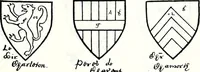 An illustration from Some feudal coats of arms and others, illustrated with 2,000 zinco etchings from the Bayear tapestry, Greek vases, seals, tiles, effigies, brasses and heralcic rolls. Some chart pedigrees (1902)