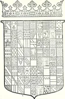An illustration from Some feudal coats of arms and others, illustrated with 2,000 zinco etchings from the Bayear tapestry, Greek vases, seals, tiles, effigies, brasses and heralcic rolls. Some chart pedigrees (1902)