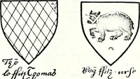 An illustration from Some feudal coats of arms and others, illustrated with 2,000 zinco etchings from the Bayear tapestry, Greek vases, seals, tiles, effigies, brasses and heralcic rolls. Some chart pedigrees (1902)