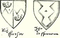 An illustration from Some feudal coats of arms and others, illustrated with 2,000 zinco etchings from the Bayear tapestry, Greek vases, seals, tiles, effigies, brasses and heralcic rolls. Some chart pedigrees (1902)