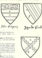 An illustration from Some feudal coats of arms and others, illustrated with 2,000 zinco etchings from the Bayear tapestry, Greek vases, seals, tiles, effigies, brasses and heralcic rolls. Some chart pedigrees (1902)