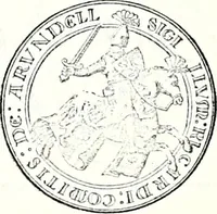 An illustration from Some feudal coats of arms and others, illustrated with 2,000 zinco etchings from the Bayear tapestry, Greek vases, seals, tiles, effigies, brasses and heralcic rolls. Some chart pedigrees (1902)