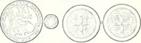 An illustration from Some feudal coats of arms and others, illustrated with 2,000 zinco etchings from the Bayear tapestry, Greek vases, seals, tiles, effigies, brasses and heralcic rolls. Some chart pedigrees (1902)