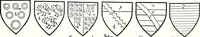 An illustration from Some feudal coats of arms and others, illustrated with 2,000 zinco etchings from the Bayear tapestry, Greek vases, seals, tiles, effigies, brasses and heralcic rolls. Some chart pedigrees (1902)