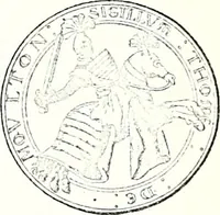 An illustration from Some feudal coats of arms and others, illustrated with 2,000 zinco etchings from the Bayear tapestry, Greek vases, seals, tiles, effigies, brasses and heralcic rolls. Some chart pedigrees (1902)