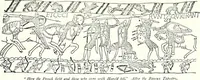An illustration from Some feudal coats of arms and others, illustrated with 2,000 zinco etchings from the Bayear tapestry, Greek vases, seals, tiles, effigies, brasses and heralcic rolls. Some chart pedigrees (1902)