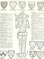 An illustration from Some feudal coats of arms and others, illustrated with 2,000 zinco etchings from the Bayear tapestry, Greek vases, seals, tiles, effigies, brasses and heralcic rolls. Some chart pedigrees (1902)