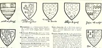 An illustration from Some feudal coats of arms and others, illustrated with 2,000 zinco etchings from the Bayear tapestry, Greek vases, seals, tiles, effigies, brasses and heralcic rolls. Some chart pedigrees (1902)