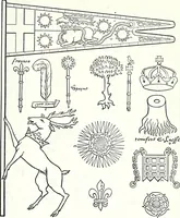 An illustration from Some feudal coats of arms and others, illustrated with 2,000 zinco etchings from the Bayear tapestry, Greek vases, seals, tiles, effigies, brasses and heralcic rolls. Some chart pedigrees (1902)