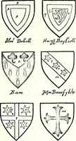 An illustration from Some feudal coats of arms and others, illustrated with 2,000 zinco etchings from the Bayear tapestry, Greek vases, seals, tiles, effigies, brasses and heralcic rolls. Some chart pedigrees (1902)
