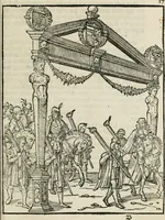 An illustration from Sommare beschrijuinghe vãde triumphelijcke incomst vanden doorluchtighen ende hooghgheboren aerts-hertoge Matthias : binnen die princelijcke stadt van Brussele : in t'iaer ons Heeren M.D.LXXVIII. den xviij dach Januarij : midtsgaders die tanneelen, poincten, figuren ende spectaculen, die inde voorseyde incompste (ter eeren van sijne doorluchticheyt) zijn verthoont ghevveest, met meer ander saken, die doen ter tijt gheschiet zijn (1579)