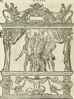 An illustration from Sommare beschrijuinghe vãde triumphelijcke incomst vanden doorluchtighen ende hooghgheboren aerts-hertoge Matthias : binnen die princelijcke stadt van Brussele : in t'iaer ons Heeren M.D.LXXVIII. den xviij dach Januarij : midtsgaders die tanneelen, poincten, figuren ende spectaculen, die inde voorseyde incompste (ter eeren van sijne doorluchticheyt) zijn verthoont ghevveest, met meer ander saken, die doen ter tijt gheschiet zijn (1579)