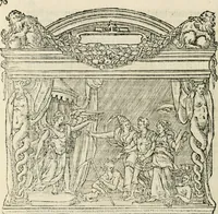 An illustration from Sommare beschrijuinghe vãde triumphelijcke incomst vanden doorluchtighen ende hooghgheboren aerts-hertoge Matthias : binnen die princelijcke stadt van Brussele : in t'iaer ons Heeren M.D.LXXVIII. den xviij dach Januarij : midtsgaders die tanneelen, poincten, figuren ende spectaculen, die inde voorseyde incompste (ter eeren van sijne doorluchticheyt) zijn verthoont ghevveest, met meer ander saken, die doen ter tijt gheschiet zijn (1579)