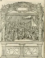 An illustration from Sommare beschrijuinghe vãde triumphelijcke incomst vanden doorluchtighen ende hooghgheboren aerts-hertoge Matthias : binnen die princelijcke stadt van Brussele : in t'iaer ons Heeren M.D.LXXVIII. den xviij dach Januarij : midtsgaders die tanneelen, poincten, figuren ende spectaculen, die inde voorseyde incompste (ter eeren van sijne doorluchticheyt) zijn verthoont ghevveest, met meer ander saken, die doen ter tijt gheschiet zijn (1579)