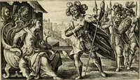 An illustration from Speculum heroicum principis omnium temporum poëtarum Homeri : id est, argumenta xxiiij librorum Iliados in quibus veri principis imago poëticè, elegantissime exprimitur = les XXIIII livres d'Homere reduict en tables demonstratives figurées (1613)