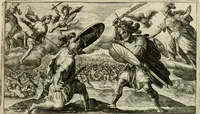 An illustration from Speculum heroicum principis omnium temporum poëtarum Homeri : id est, argumenta xxiiij librorum Iliados in quibus veri principis imago poëticè, elegantissime exprimitur = les XXIIII livres d'Homere reduict en tables demonstratives figurées (1613)