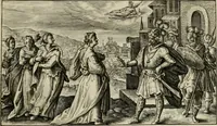 An illustration from Speculum heroicum principis omnium temporum poëtarum Homeri : id est, argumenta xxiiij librorum Iliados in quibus veri principis imago poëticè, elegantissime exprimitur = les XXIIII livres d'Homere reduict en tables demonstratives figurées (1613)