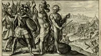 An illustration from Speculum heroicum principis omnium temporum poëtarum Homeri : id est, argumenta xxiiij librorum Iliados in quibus veri principis imago poëticè, elegantissime exprimitur = les XXIIII livres d'Homere reduict en tables demonstratives figurées (1613)