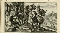 An illustration from Speculum heroicum principis omnium temporum poëtarum Homeri : id est, argumenta xxiiij librorum Iliados in quibus veri principis imago poëticè, elegantissime exprimitur = les XXIIII livres d'Homere reduict en tables demonstratives figurées (1613)