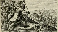 An illustration from Speculum heroicum principis omnium temporum poëtarum Homeri : id est, argumenta xxiiij librorum Iliados in quibus veri principis imago poëticè, elegantissime exprimitur = les XXIIII livres d'Homere reduict en tables demonstratives figurées (1613)