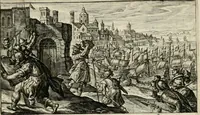 An illustration from Speculum heroicum principis omnium temporum poëtarum Homeri : id est, argumenta xxiiij librorum Iliados in quibus veri principis imago poëticè, elegantissime exprimitur = les XXIIII livres d'Homere reduict en tables demonstratives figurées (1613)