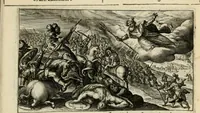An illustration from Speculum heroicum principis omnium temporum poëtarum Homeri : id est, argumenta xxiiij librorum Iliados in quibus veri principis imago poëticè, elegantissime exprimitur = les XXIIII livres d'Homere reduict en tables demonstratives figurées (1613)