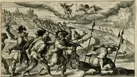 An illustration from Speculum heroicum principis omnium temporum poëtarum Homeri : id est, argumenta xxiiij librorum Iliados in quibus veri principis imago poëticè, elegantissime exprimitur = les XXIIII livres d'Homere reduict en tables demonstratives figurées (1613)