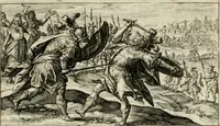 An illustration from Speculum heroicum principis omnium temporum poëtarum Homeri : id est, argumenta xxiiij librorum Iliados in quibus veri principis imago poëticè, elegantissime exprimitur = les XXIIII livres d'Homere reduict en tables demonstratives figurées (1613)