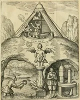 An illustration from Specvlvm sophicvm rhodo-stavroticvm, das ist, Weitläuffige Entdeckung dess Collegij vnnd Axiomatum von der sondern erleuchten Fraternitet Christ-RosenCreutz : allen der wahrn Weissheit Begirigen Expectanten zu fernerer Nachrichtung, den vnverständigen Zoilis aber zur vnausslöschlicher Schande vnd Spott (1618)