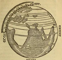 An illustration from Sphæra Ioannis de Sacrobosco, emendata. : Eliæ Vineti Santonis scholia in eandem sphæram, ab ipso auctore restituta. : Adiunximus huic libro compendium in sphæram, per Pierium Valerianum Bellunensem. : Et Petri Nonii Salaciensis demonstrationem eorum, quæ in extremo capite de climatibus Sacroboscius scribit de inæquali climatum latitudine, eodem Vineto interprete (1584)