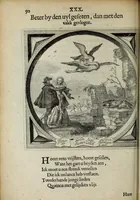 An illustration from Spiegel van den ouden ende nieuvven tijdt : bestaende uyt spreeck-vvoorden ende sinspreucken, ontleent van de voorige ende jegenvvoordige eeuvve, verlustigt door menigte van sinne-beelden, met gedichten en prenten daer op passende : dienstigh tot bericht van alle gedeelten des levens, beginnende van de kintsheyt, ende eyndigende met het eynde alles vleesch (1632)