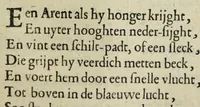 An illustration from Spiegel van den ouden ende nieuvven tijdt : bestaende uyt spreeck-vvoorden ende sinspreucken, ontleent van de voorige ende jegenvvoordige eeuvve, verlustigt door menigte van sinne-beelden, met gedichten en prenten daer op passende : dienstigh tot bericht van alle gedeelten des levens, beginnende van de kintsheyt, ende eyndigende met het eynde alles vleesch (1632)