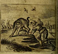 Picture 52 of 87 from Spiegel van den Ouden en Nieuwen Tydt, : bestaande uyt spreekwoorden, ontleent van de voorige en jegenwoordige eeuwe, verlustiget door meenigte van sinnebeelden, met gedichten en prenten daar op passende. : Vermeerdert met groote meenigte van spreekwoorden, door geheel het werk, met byvoeginge van nieuwe platen eu gedichten : alles in de nederlandsche tale ten gerieve van de liefhebbers der zelver, (1690), leaf 219