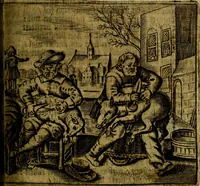 Picture 54 of 87 from Spiegel van den Ouden en Nieuwen Tydt, : bestaande uyt spreekwoorden, ontleent van de voorige en jegenwoordige eeuwe, verlustiget door meenigte van sinnebeelden, met gedichten en prenten daar op passende. : Vermeerdert met groote meenigte van spreekwoorden, door geheel het werk, met byvoeginge van nieuwe platen eu gedichten : alles in de nederlandsche tale ten gerieve van de liefhebbers der zelver, (1690), leaf 228