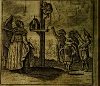 An illustration from Spiegel van den Ouden en Nieuwen Tydt, : bestaande uyt spreekwoorden, ontleent van de voorige en jegenwoordige eeuwe, verlustiget door meenigte van sinnebeelden, met gedichten en prenten daar op passende. : Vermeerdert met groote meenigte van spreekwoorden, door geheel het werk, met byvoeginge van nieuwe platen eu gedichten : alles in de nederlandsche tale ten gerieve van de liefhebbers der zelver, (1690)