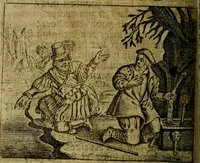 Picture 63 of 87 from Spiegel van den Ouden en Nieuwen Tydt, : bestaande uyt spreekwoorden, ontleent van de voorige en jegenwoordige eeuwe, verlustiget door meenigte van sinnebeelden, met gedichten en prenten daar op passende. : Vermeerdert met groote meenigte van spreekwoorden, door geheel het werk, met byvoeginge van nieuwe platen eu gedichten : alles in de nederlandsche tale ten gerieve van de liefhebbers der zelver, (1690), leaf 251