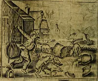 Picture 77 of 87 from Spiegel van den Ouden en Nieuwen Tydt, : bestaande uyt spreekwoorden, ontleent van de voorige en jegenwoordige eeuwe, verlustiget door meenigte van sinnebeelden, met gedichten en prenten daar op passende. : Vermeerdert met groote meenigte van spreekwoorden, door geheel het werk, met byvoeginge van nieuwe platen eu gedichten : alles in de nederlandsche tale ten gerieve van de liefhebbers der zelver, (1690), leaf 297