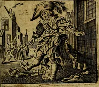 Picture 11 of 87 from Spiegel van den Ouden en Nieuwen Tydt, : bestaande uyt spreekwoorden, ontleent van de voorige en jegenwoordige eeuwe, verlustiget door meenigte van sinnebeelden, met gedichten en prenten daar op passende. : Vermeerdert met groote meenigte van spreekwoorden, door geheel het werk, met byvoeginge van nieuwe platen eu gedichten : alles in de nederlandsche tale ten gerieve van de liefhebbers der zelver, (1690), leaf 36