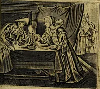 Picture 14 of 87 from Spiegel van den Ouden en Nieuwen Tydt, : bestaande uyt spreekwoorden, ontleent van de voorige en jegenwoordige eeuwe, verlustiget door meenigte van sinnebeelden, met gedichten en prenten daar op passende. : Vermeerdert met groote meenigte van spreekwoorden, door geheel het werk, met byvoeginge van nieuwe platen eu gedichten : alles in de nederlandsche tale ten gerieve van de liefhebbers der zelver, (1690), leaf 64