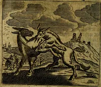 Picture 20 of 87 from Spiegel van den Ouden en Nieuwen Tydt, : bestaande uyt spreekwoorden, ontleent van de voorige en jegenwoordige eeuwe, verlustiget door meenigte van sinnebeelden, met gedichten en prenten daar op passende. : Vermeerdert met groote meenigte van spreekwoorden, door geheel het werk, met byvoeginge van nieuwe platen eu gedichten : alles in de nederlandsche tale ten gerieve van de liefhebbers der zelver, (1690), leaf 79