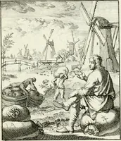 Picture 48 of 100 from Spiegel van 't menschelyk bedryf : vertonende hondert-verscheyde ambagten zeer konstig afgebeeld en met zeer zinryke spreuken en stigtelyke versen verrykt (1694), leaf 104