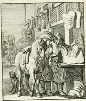 Picture 52 of 100 from Spiegel van 't menschelyk bedryf : vertonende hondert-verscheyde ambagten zeer konstig afgebeeld en met zeer zinryke spreuken en stigtelyke versen verrykt (1694), leaf 112