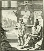An illustration from Spiegel van 't menschelyk bedryf : vertonende hondert-verscheyde ambagten zeer konstig afgebeeld en met zeer zinryke spreuken en stigtelyke versen verrykt (1694)
