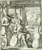Picture 55 of 100 from Spiegel van 't menschelyk bedryf : vertonende hondert-verscheyde ambagten zeer konstig afgebeeld en met zeer zinryke spreuken en stigtelyke versen verrykt (1694), leaf 118
