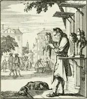 Picture 57 of 100 from Spiegel van 't menschelyk bedryf : vertonende hondert-verscheyde ambagten zeer konstig afgebeeld en met zeer zinryke spreuken en stigtelyke versen verrykt (1694), leaf 122