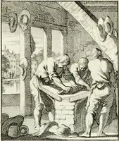 An illustration from Spiegel van 't menschelyk bedryf : vertonende hondert-verscheyde ambagten zeer konstig afgebeeld en met zeer zinryke spreuken en stigtelyke versen verrykt (1694)